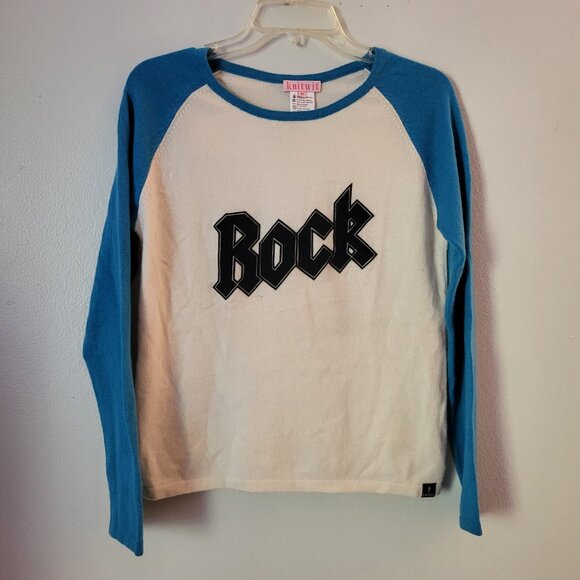 Knitwit 100% cashmere "ROCK' Sweater Creme w/Turquoise long sleeves Nepal Medium - Picture 1 of 10